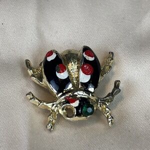 Cute Ladybug Brooch Pin Gold Tone Enamel Rhinestone Accent Garden Bug Vintage